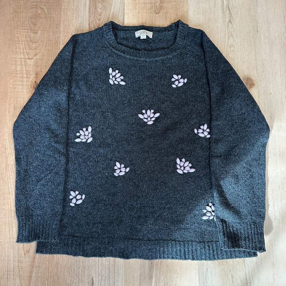 LOFT Charcoal Gray Sweater Purple Jewel Front, Size M